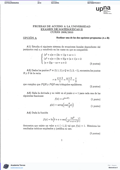 Vista previa de Examen PAU de Matemáticas II de Navarra 2010 – Extraordinaria