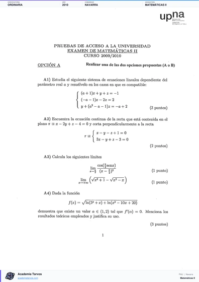 Vista previa de Examen PAU de Matemáticas II de Navarra 2010 – Ordinaria