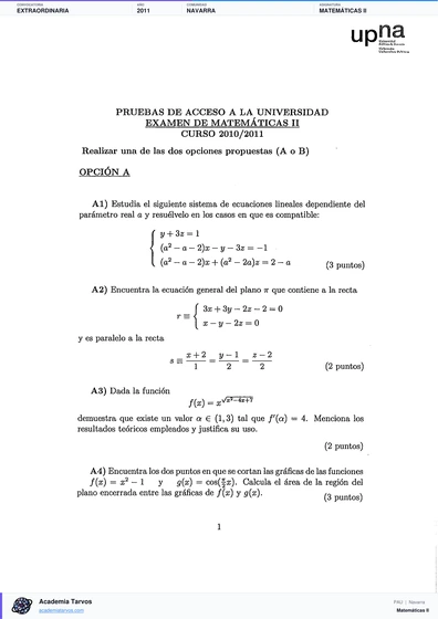 Vista previa de Examen PAU de Matemáticas II de Navarra 2011 – Extraordinaria