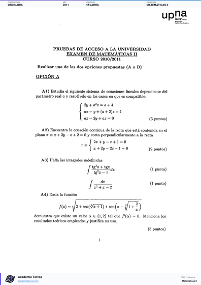 Vista previa de Examen PAU de Matemáticas II de Navarra 2011 – Ordinaria