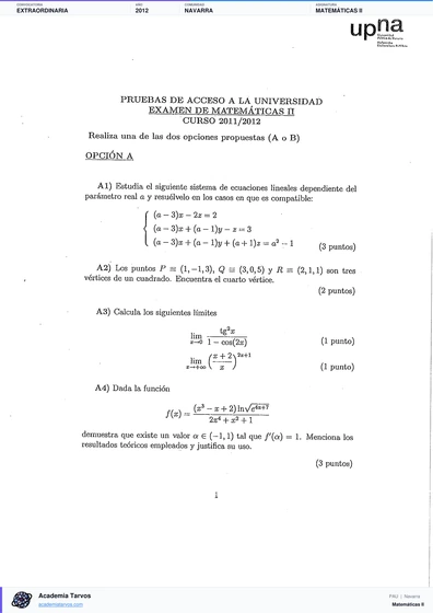 Vista previa de Examen PAU de Matemáticas II de Navarra 2012 – Extraordinaria
