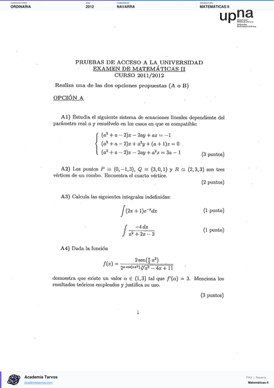 Vista previa de Examen PAU de Matemáticas II de Navarra 2012 – Ordinaria