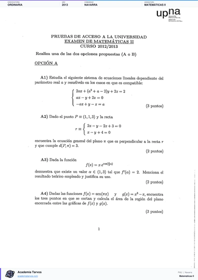 Vista previa de Examen PAU de Matemáticas II de Navarra 2013 – Ordinaria