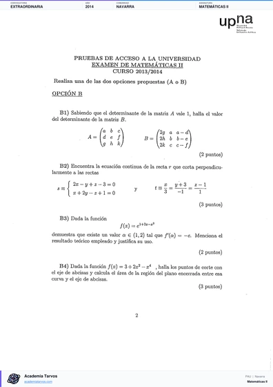 Vista previa de Examen PAU de Matemáticas II de Navarra 2014 – Extraordinaria