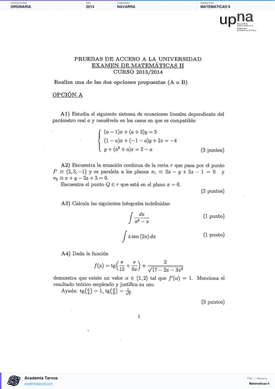 Vista previa de Examen PAU de Matemáticas II de Navarra 2014 – Ordinaria
