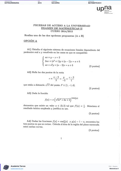 Vista previa de Examen PAU de Matemáticas II de Navarra 2015 – Extraordinaria