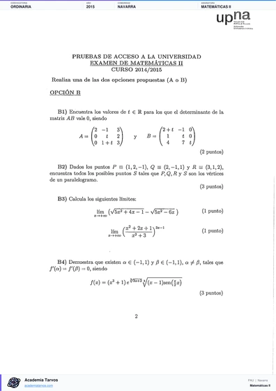 Vista previa de Examen PAU de Matemáticas II de Navarra 2015 – Ordinaria