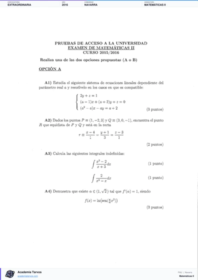 Vista previa de Examen PAU de Matemáticas II de Navarra 2016 – Extraordinaria