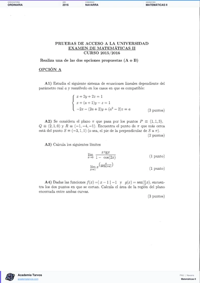 Vista previa de Examen PAU de Matemáticas II de Navarra 2016 – Ordinaria