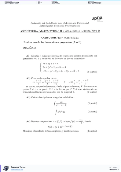 Vista previa de Examen PAU de Matemáticas II de Navarra 2017 – Extraordinaria