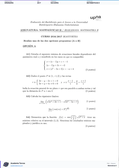 Vista previa de Examen PAU de Matemáticas II de Navarra 2017 – Ordinaria
