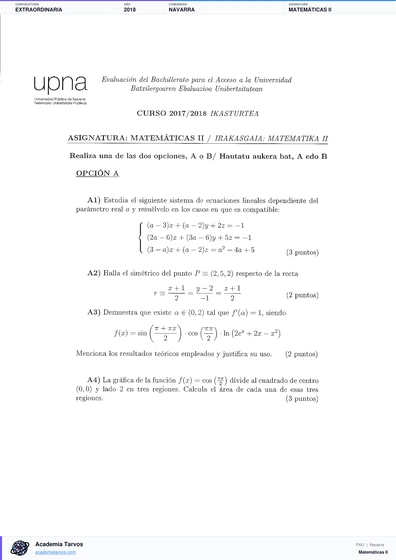 Vista previa de Examen PAU de Matemáticas II de Navarra 2018 – Extraordinaria