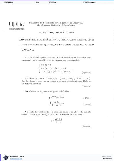 Vista previa de Examen PAU de Matemáticas II de Navarra 2018 – Ordinaria