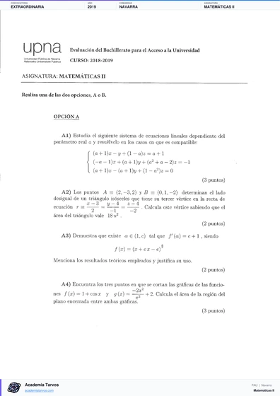 Vista previa de Examen PAU de Matemáticas II de Navarra 2019 – Extraordinaria