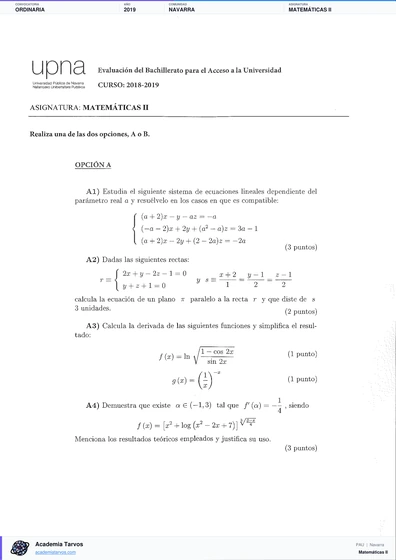 Vista previa de Examen PAU de Matemáticas II de Navarra 2019 – Ordinaria