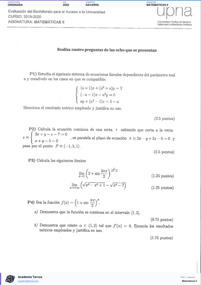 Vista previa de Examen PAU de Matemáticas II de Navarra 2020 – Ordinaria