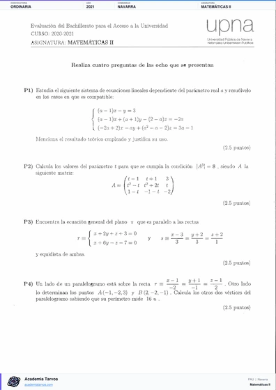 Vista previa de Examen PAU de Matemáticas II de Navarra 2021 – Ordinaria