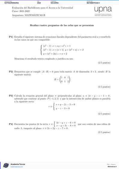 Vista previa de Examen PAU de Matemáticas II de Navarra 2022 – Extraordinaria