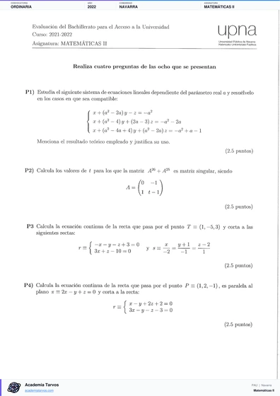 Vista previa de Examen PAU de Matemáticas II de Navarra 2022 – Ordinaria