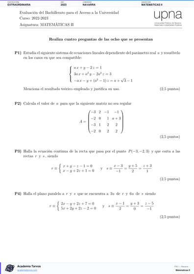 Vista previa de Examen PAU de Matemáticas II de Navarra 2023 – Extraordinaria