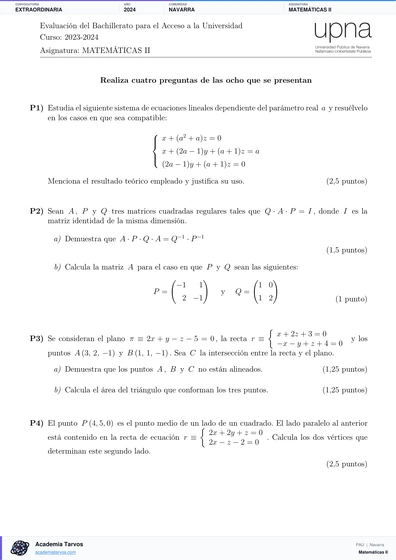 Vista previa de Examen PAU de Matemáticas II de Navarra 2024 – Extraordinaria