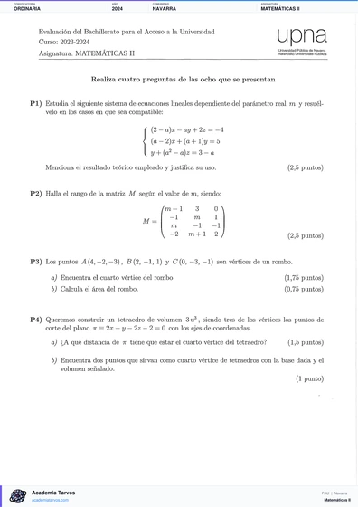 Vista previa de Examen PAU de Matemáticas II de Navarra 2024 – Ordinaria