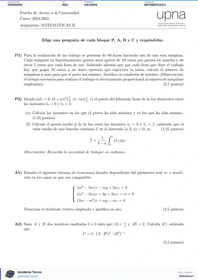 Vista previa de Examen PAU de Matemáticas II de Navarra 2025 – Ordinaria