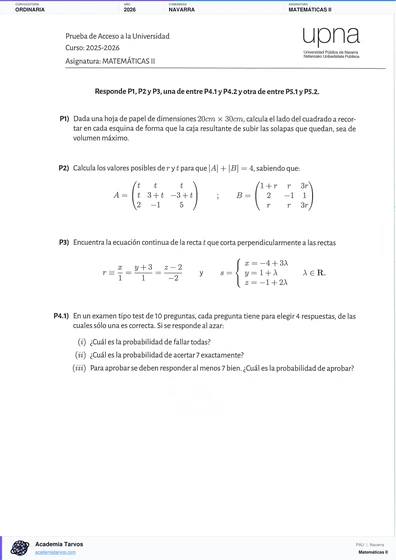 Vista previa de Examen PAU de Matemáticas II de Navarra 2026 – Ordinaria