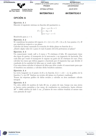 Vista previa de Examen PAU de Matemáticas II de País Vasco 2010 – Extraordinaria