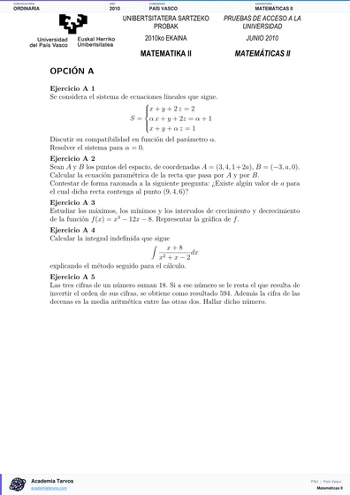 Vista previa de Examen PAU de Matemáticas II de País Vasco 2010 – Ordinaria