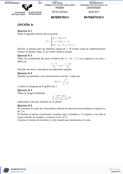 Vista previa de Examen PAU de Matemáticas II de País Vasco 2011 – Extraordinaria