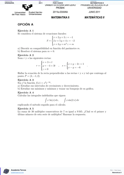 Vista previa de Examen PAU de Matemáticas II de País Vasco 2011 – Ordinaria