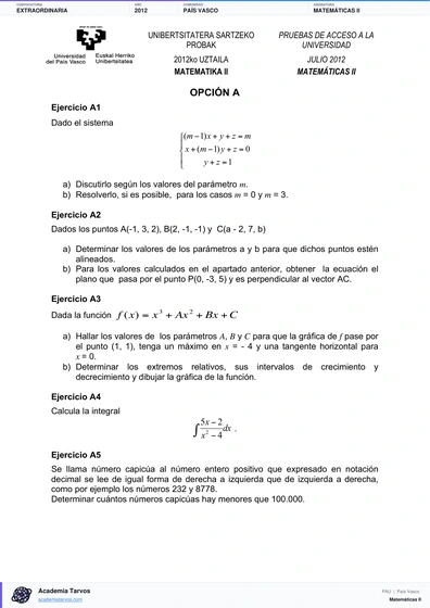 Vista previa de Examen PAU de Matemáticas II de País Vasco 2012 – Extraordinaria