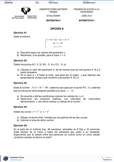 Vista previa de Examen PAU de Matemáticas II de País Vasco 2012 – Ordinaria