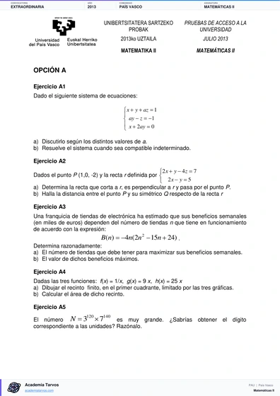 Vista previa de Examen PAU de Matemáticas II de País Vasco 2013 – Extraordinaria