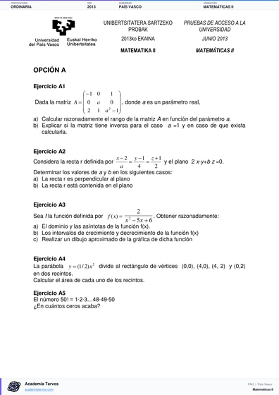 Vista previa de Examen PAU de Matemáticas II de País Vasco 2013 – Ordinaria