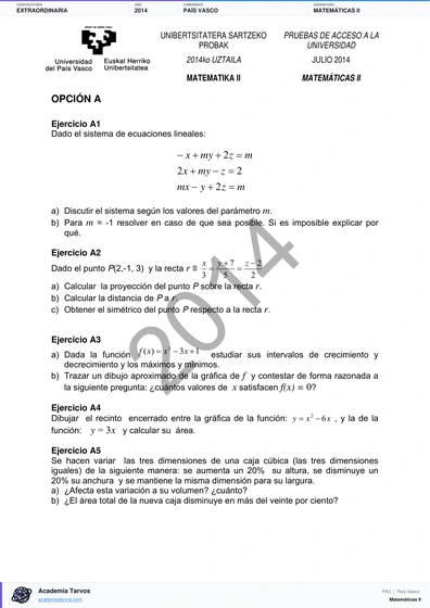 Vista previa de Examen PAU de Matemáticas II de País Vasco 2014 – Extraordinaria