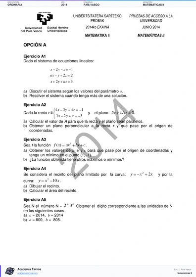 Vista previa de Examen PAU de Matemáticas II de País Vasco 2014 – Ordinaria