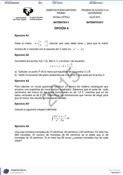 Vista previa de Examen PAU de Matemáticas II de País Vasco 2015 – Extraordinaria