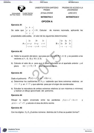 Vista previa de Examen PAU de Matemáticas II de País Vasco 2015 – Ordinaria