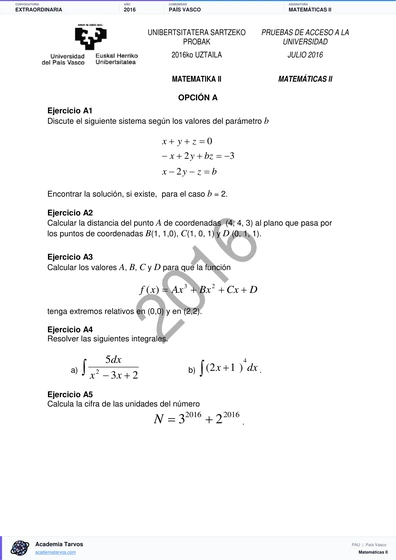 Vista previa de Examen PAU de Matemáticas II de País Vasco 2016 – Extraordinaria