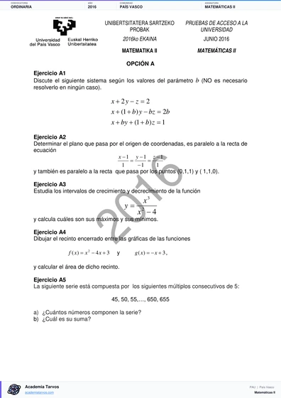 Vista previa de Examen PAU de Matemáticas II de País Vasco 2016 – Ordinaria
