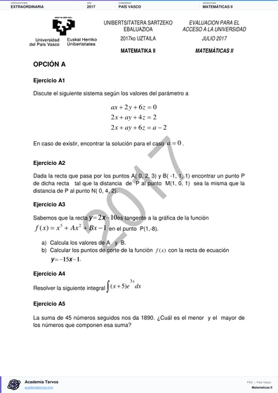 Vista previa de Examen PAU de Matemáticas II de País Vasco 2017 – Extraordinaria