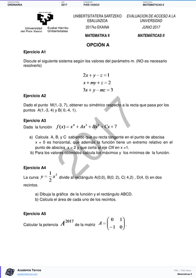 Vista previa de Examen PAU de Matemáticas II de País Vasco 2017 – Ordinaria