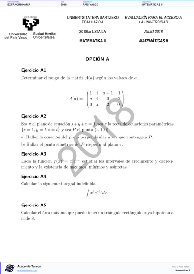 Vista previa de Examen PAU de Matemáticas II de País Vasco 2018 – Extraordinaria