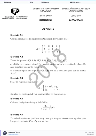Vista previa de Examen PAU de Matemáticas II de País Vasco 2018 – Ordinaria
