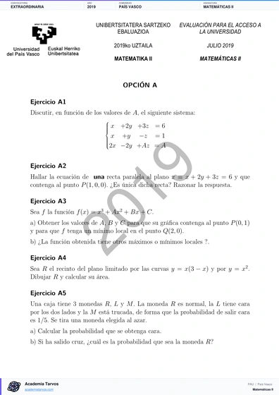Vista previa de Examen PAU de Matemáticas II de País Vasco 2019 – Extraordinaria