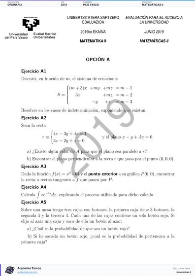 Vista previa de Examen PAU de Matemáticas II de País Vasco 2019 – Ordinaria