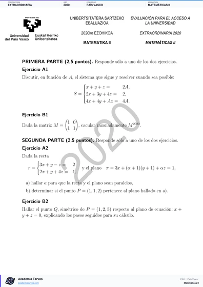 Vista previa de Examen PAU de Matemáticas II de País Vasco 2020 – Extraordinaria
