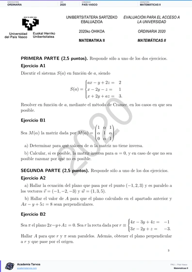 Vista previa de Examen PAU de Matemáticas II de País Vasco 2020 – Ordinaria